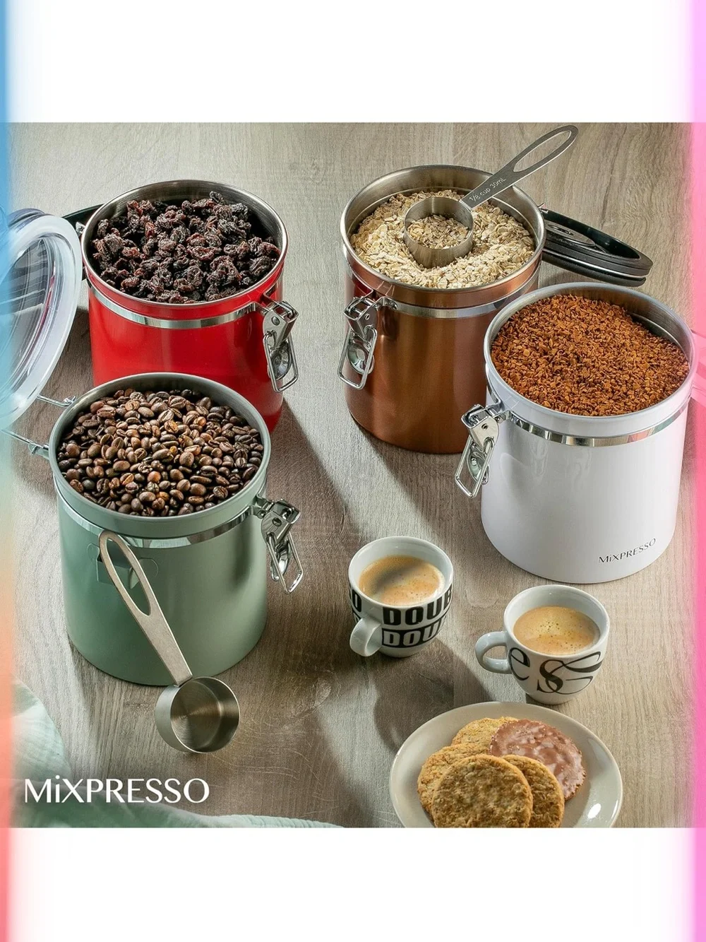 White Airtight Coffee Canister with Stainless Clamp and Scoop